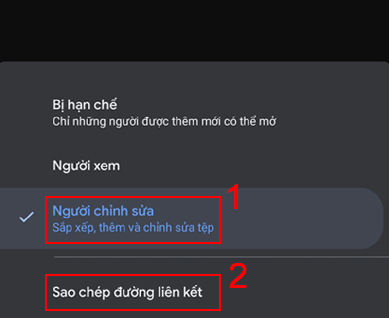 Chọn Người chỉnh sửa và Sao chép đường liên kết